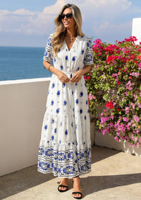 PRETTYGARDEN Womens Summer Boho Maxi Dress Trendy Short Sleeve V Neck Flowy Beach Floral Dresses with Pockets PRETTYGARDEN