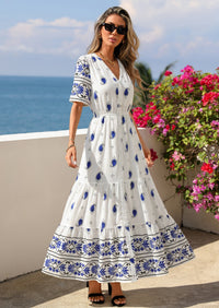 PRETTYGARDEN Womens Summer Boho Maxi Dress Trendy Short Sleeve V Neck Flowy Beach Floral Dresses with Pockets PRETTYGARDEN