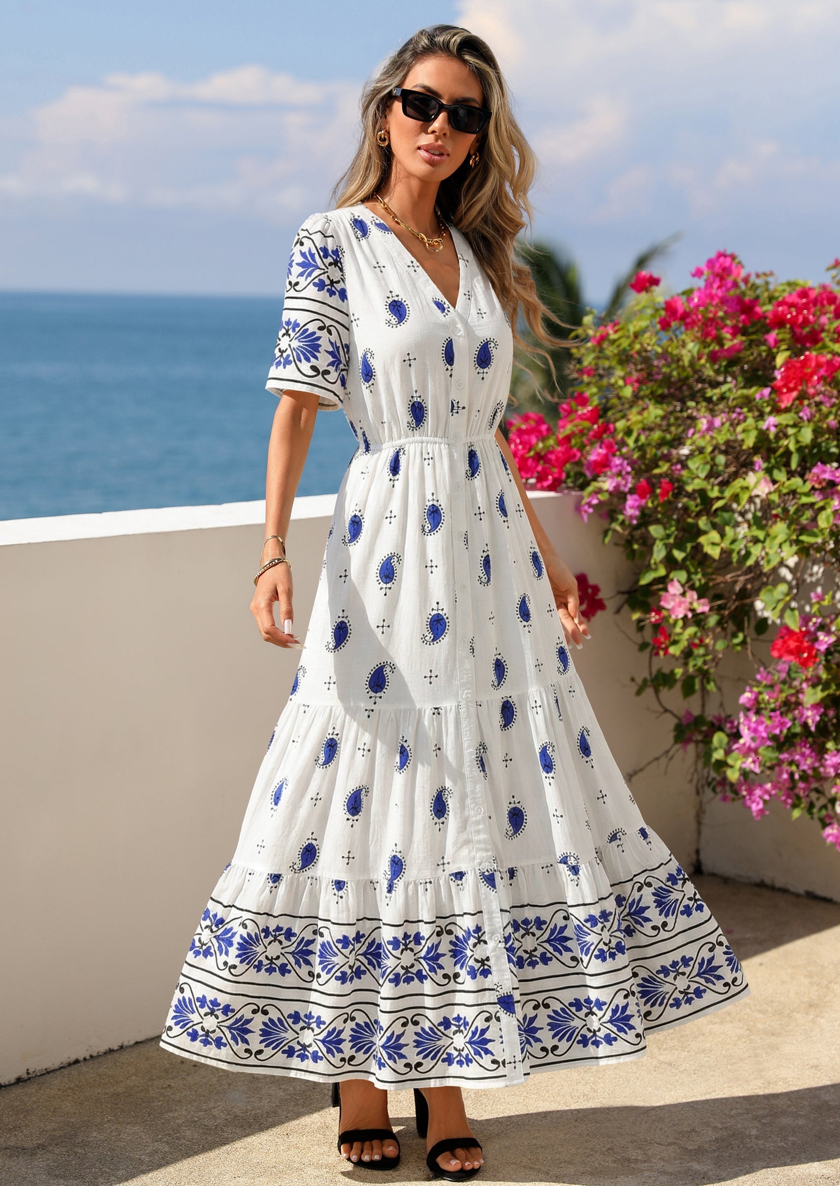 PRETTYGARDEN Womens Summer Boho Maxi Dress Trendy Short Sleeve V Neck Flowy Beach Floral Dresses with Pockets PRETTYGARDEN