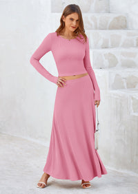 PRETTYGARDEN 2 Piece Casual Ribbed Knit Long Sleeve Crop Tops Maxi Flowy Skirts Matching Sets