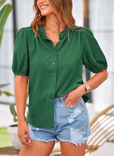 PRETTYGARDEN Women's Summer Tops Button Down Shirts Short Lantern Sleeve V Neck Cotton Cute Dressy Casual Blouses