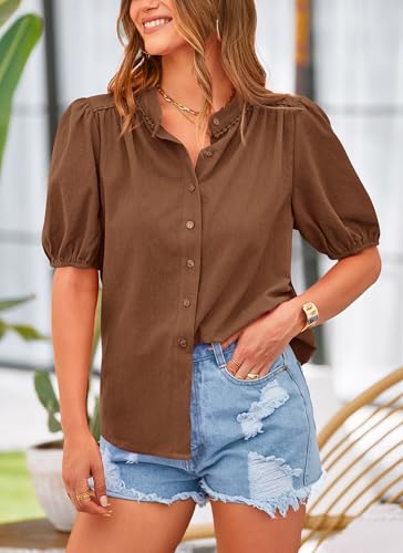 PRETTYGARDEN Women's Summer Tops Button Down Shirts Short Lantern Sleeve V Neck Cotton Cute Dressy Casual Blouses