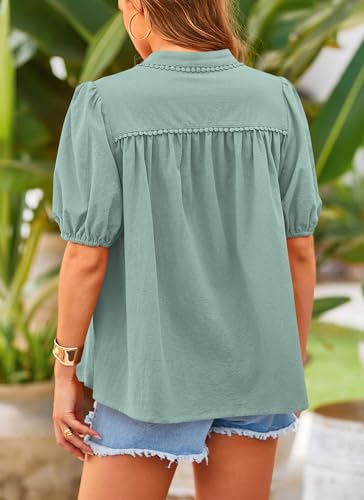 PRETTYGARDEN Women's Summer Tops Button Down Shirts Short Lantern Sleeve V Neck Cotton Cute Dressy Casual Blouses