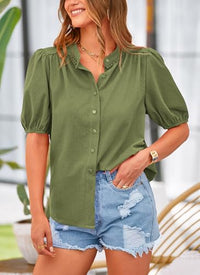 PRETTYGARDEN Women's Summer Tops Button Down Shirts Short Lantern Sleeve V Neck Cotton Cute Dressy Casual Blouses