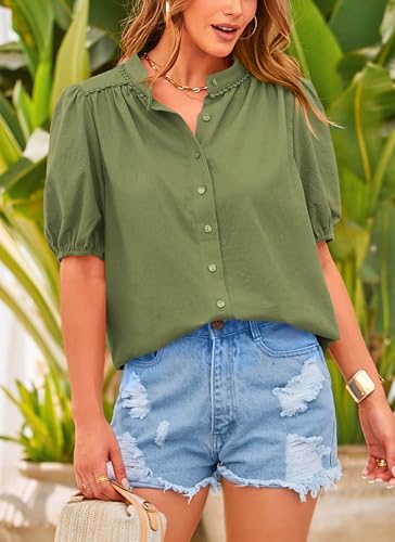 PRETTYGARDEN Women's Summer Tops Button Down Shirts Short Lantern Sleeve V Neck Cotton Cute Dressy Casual Blouses