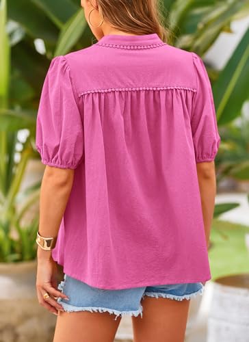 PRETTYGARDEN Women's Summer Tops Button Down Shirts Short Lantern Sleeve V Neck Cotton Cute Dressy Casual Blouses