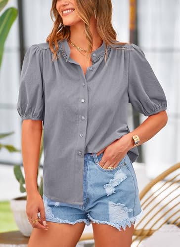 PRETTYGARDEN Women's Summer Tops Button Down Shirts Short Lantern Sleeve V Neck Cotton Cute Dressy Casual Blouses