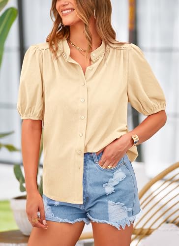 PRETTYGARDEN Women's Summer Tops Button Down Shirts Short Lantern Sleeve V Neck Cotton Cute Dressy Casual Blouses