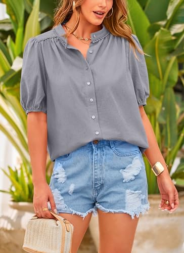 PRETTYGARDEN Women's Summer Tops Button Down Shirts Short Lantern Sleeve V Neck Cotton Cute Dressy Casual Blouses