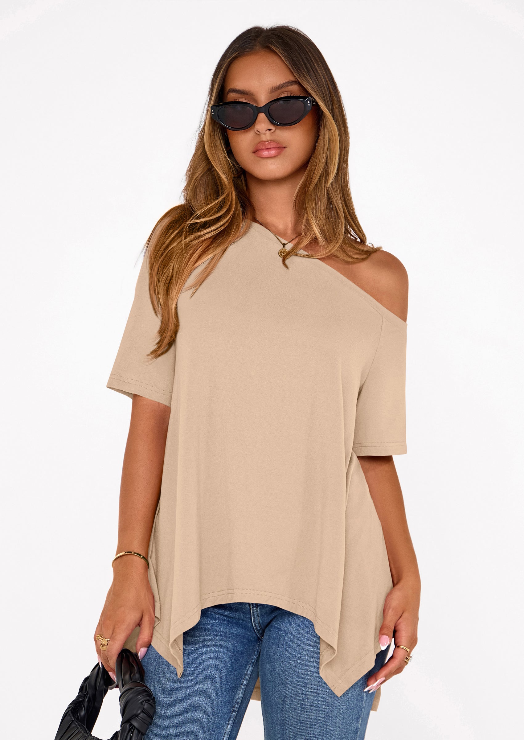 PRETTYGARDEN Off The Shoulder Tops for Women Summer Short Sleeve Asymmetrical Oversized Tee Shirts Casual Spring Clothes PRETTYGARDEN