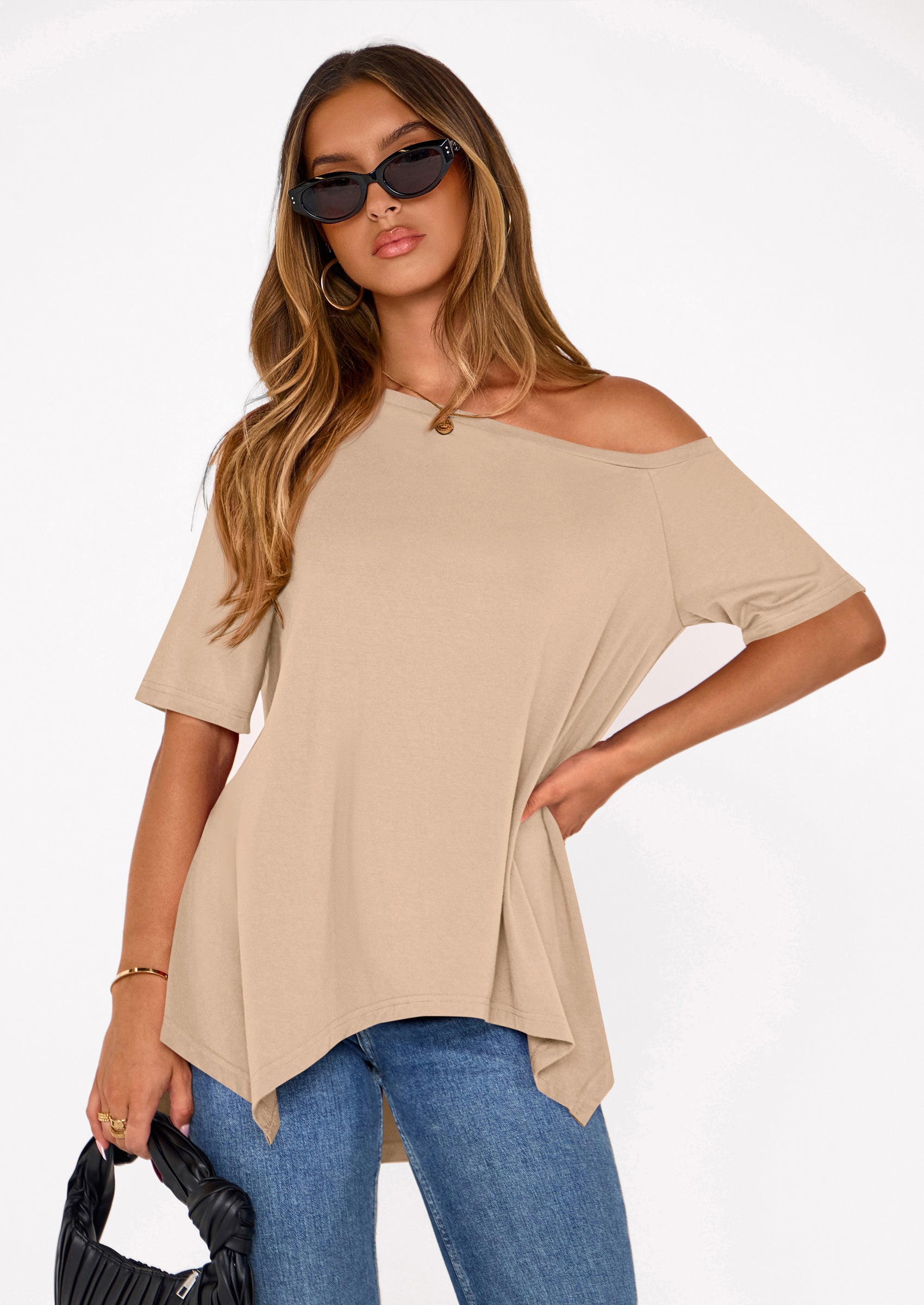 PRETTYGARDEN Off The Shoulder Tops for Women Summer Short Sleeve Asymmetrical Oversized Tee Shirts Casual Spring Clothes PRETTYGARDEN