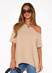 PRETTYGARDEN Off The Shoulder Tops for Women Summer Short Sleeve Asymmetrical Oversized Tee Shirts Casual Spring Clothes PRETTYGARDEN