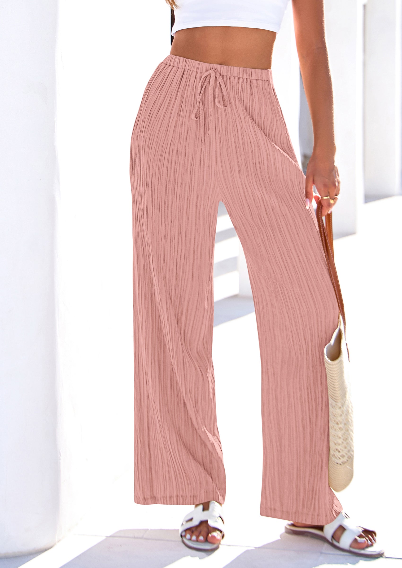 PRETTYGARDEN Womens Palazzo Pants Summer Fashion High Waisted Wide Leg Drawstring Flowy Beach Trousers with Pockets PRETTYGARDEN