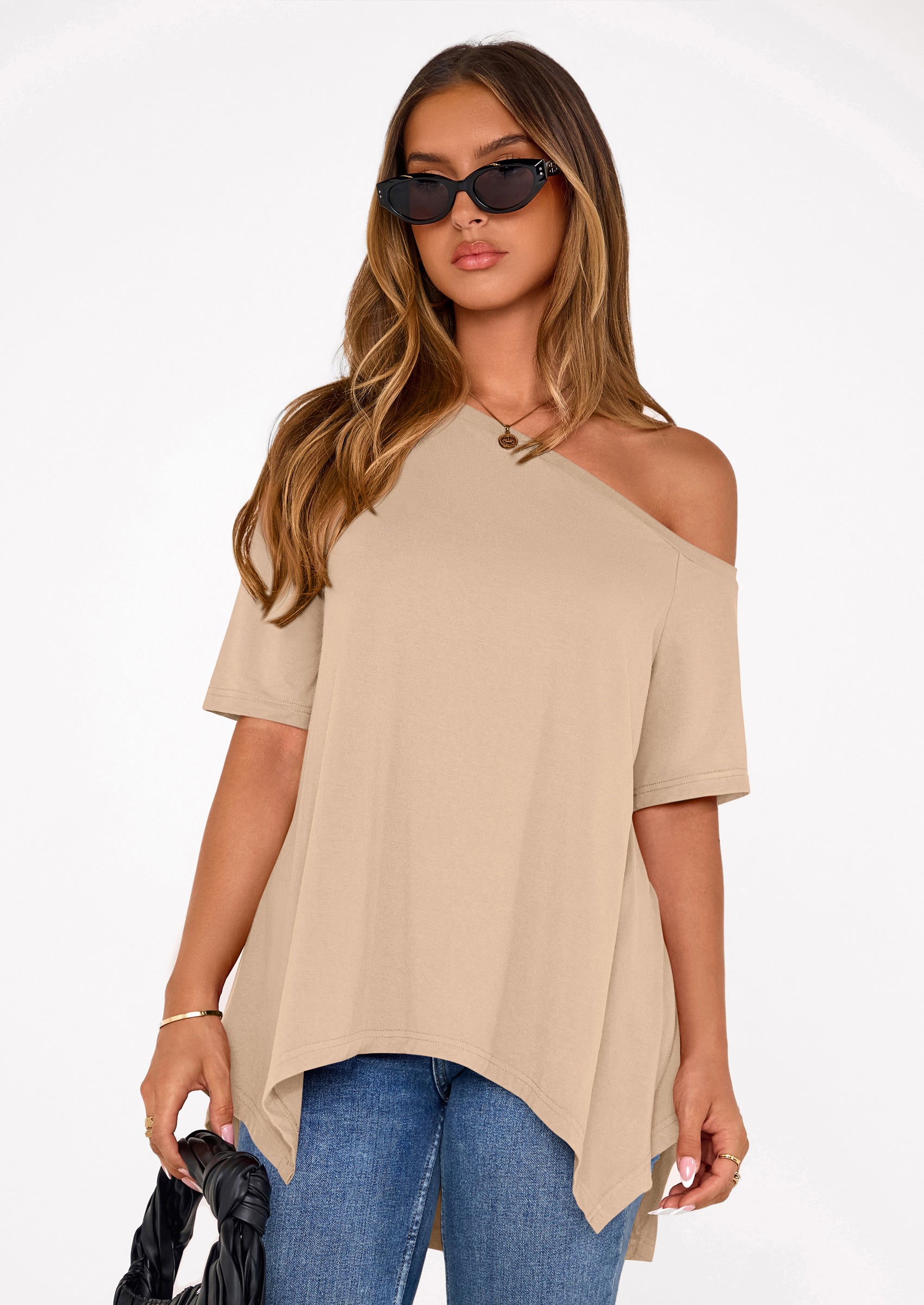 PRETTYGARDEN Off The Shoulder Tops for Women Summer Short Sleeve Asymmetrical Oversized Tee Shirts Casual Spring Clothes PRETTYGARDEN