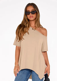 PRETTYGARDEN Off The Shoulder Tops for Women Summer Short Sleeve Asymmetrical Oversized Tee Shirts Casual Spring Clothes PRETTYGARDEN