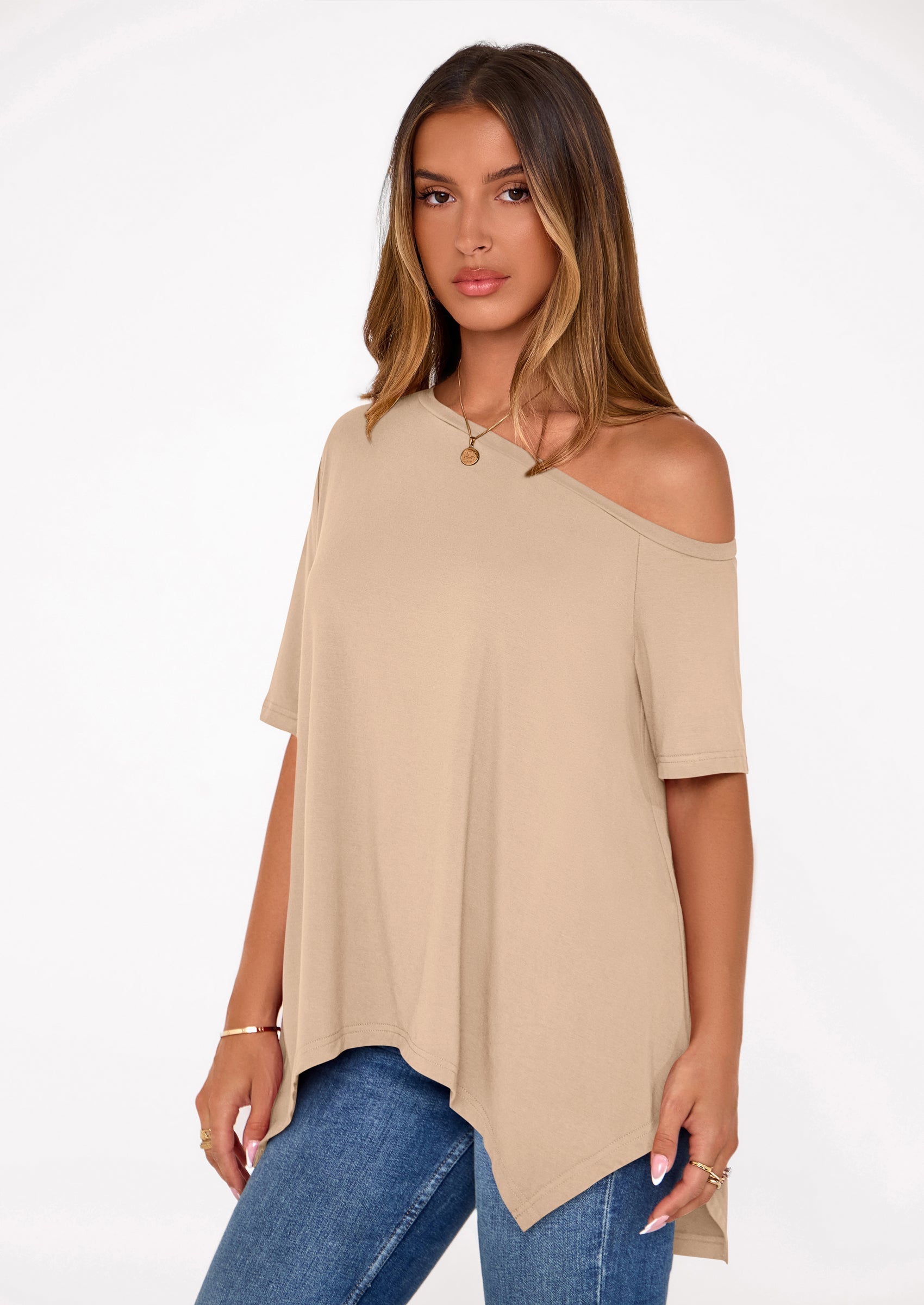 PRETTYGARDEN Off The Shoulder Tops for Women Summer Short Sleeve Asymmetrical Oversized Tee Shirts Casual Spring Clothes PRETTYGARDEN