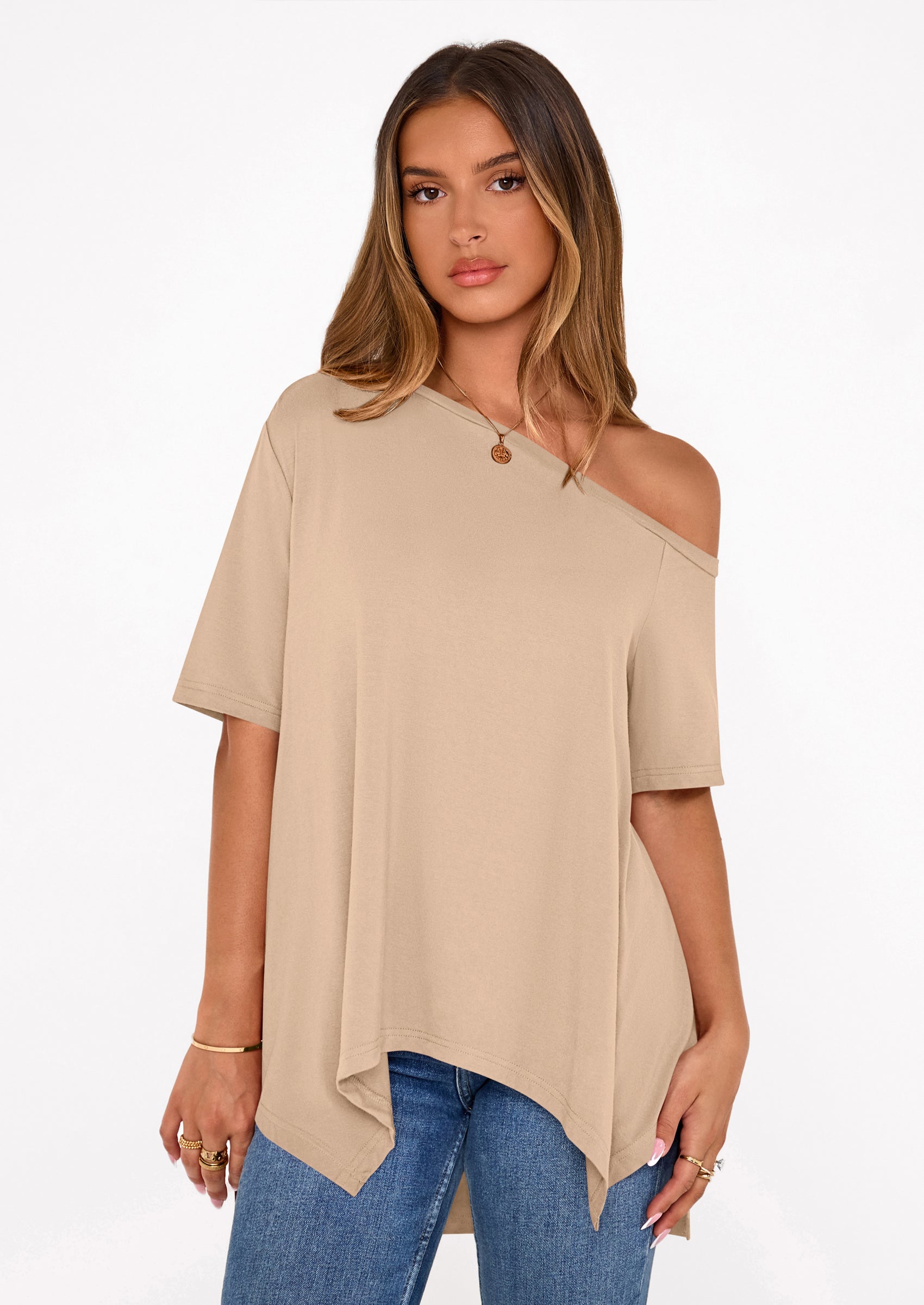 PRETTYGARDEN Off The Shoulder Tops for Women Summer Short Sleeve Asymmetrical Oversized Tee Shirts Casual Spring Clothes PRETTYGARDEN