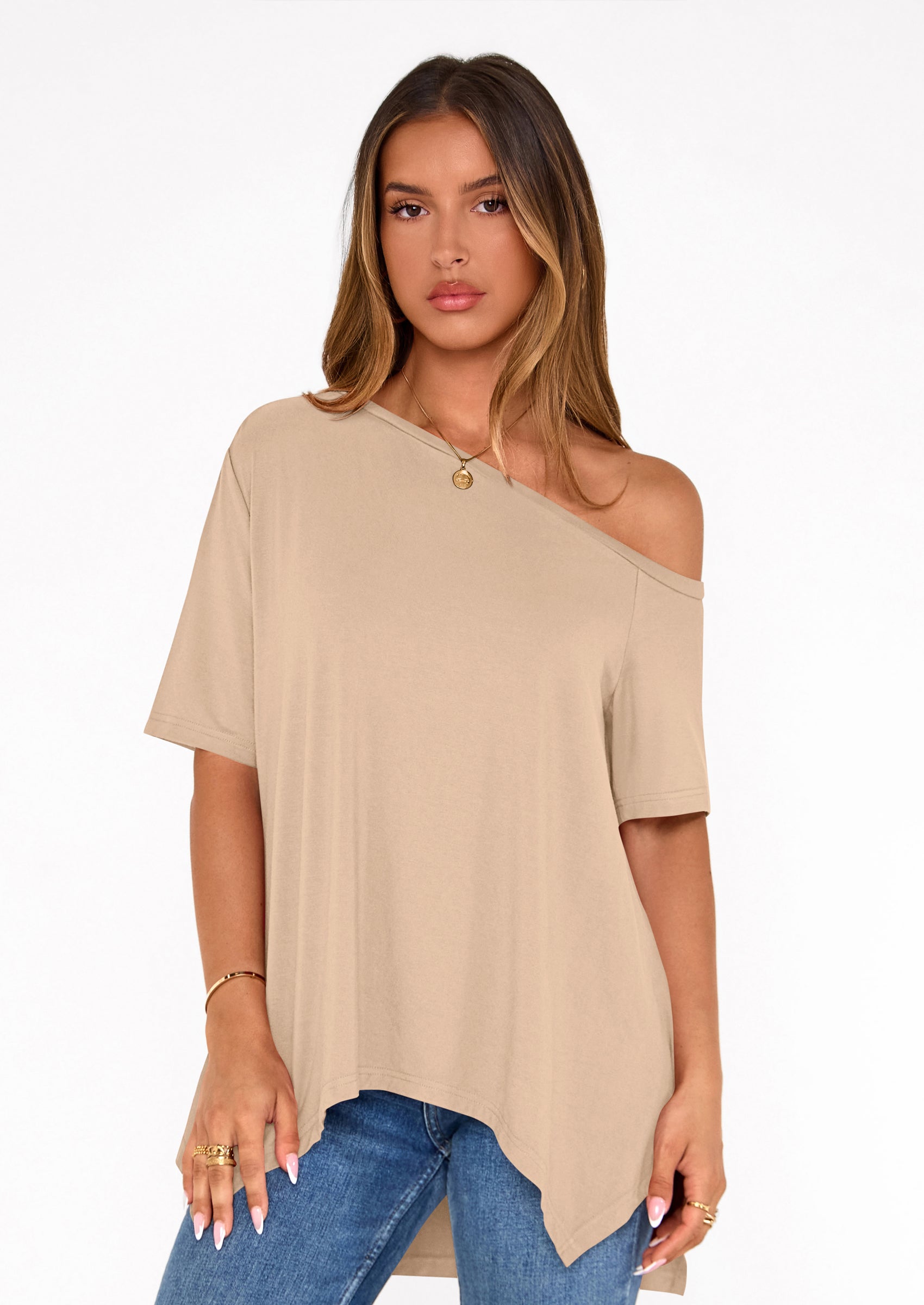 PRETTYGARDEN Off The Shoulder Tops for Women Summer Short Sleeve Asymmetrical Oversized Tee Shirts Casual Spring Clothes PRETTYGARDEN