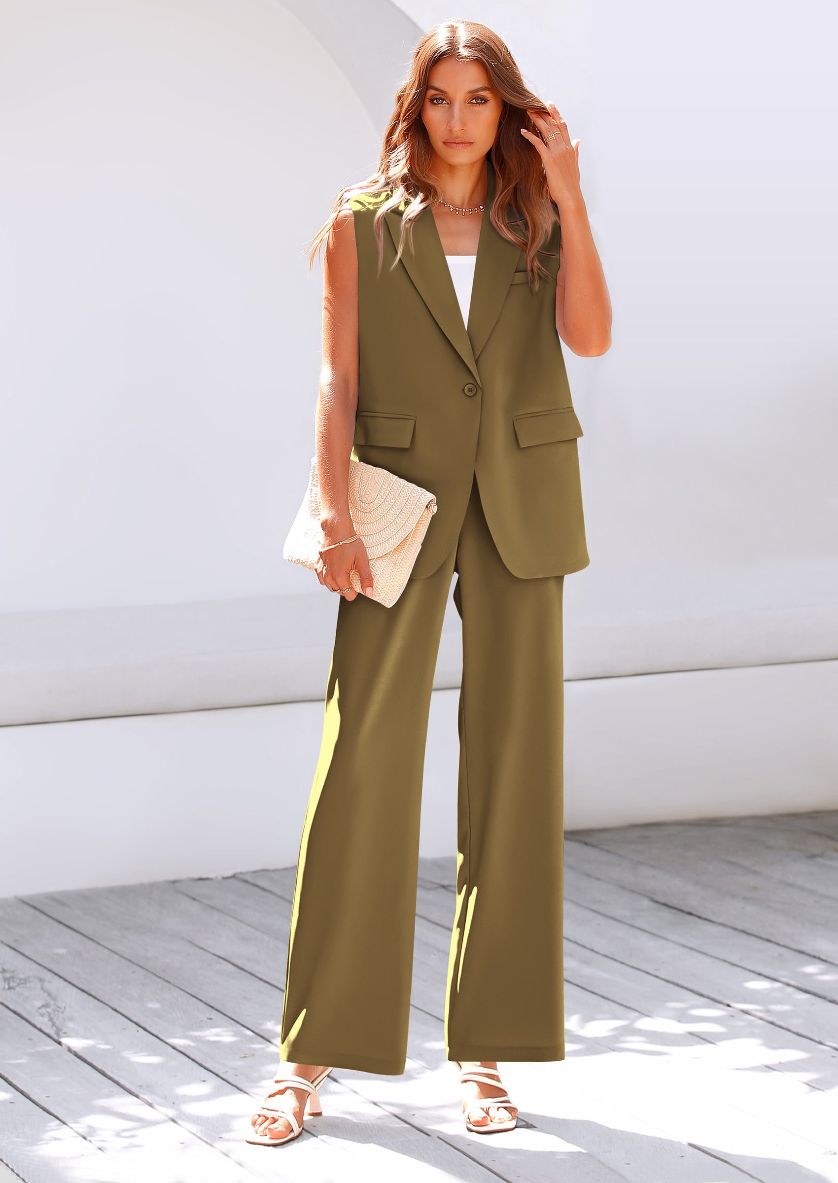 PRETTYGARDEN Women's 2 Piece Outfits Sleeveless Suit Vest and Wide Leg Pants Business Casual Blazer Sets