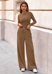 PRETTYGARDEN Women's 2 Piece Lounge Sets Fall Fashion Long Sleeve Crop Top Wide Leg Pants Matching Sets Clothing