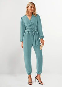 PRETTYGARDEN Women's Fall Jumpsuits Dressy Casual Pants Romper Spring Long Sleeve V Neck Belt Pockets One Piece Outfits