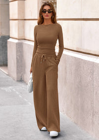 PRETTYGARDEN Women's 2 Piece Lounge Sets Fall Fashion Long Sleeve Crop Top Wide Leg Pants Matching Sets Clothing