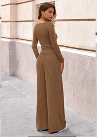 PRETTYGARDEN Women's 2 Piece Lounge Sets Fall Fashion Long Sleeve Crop Top Wide Leg Pants Matching Sets Clothing