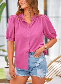 PRETTYGARDEN Women's Summer Tops Button Down Shirts Short Lantern Sleeve V Neck Cotton Cute Dressy Casual Blouses