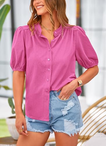 PRETTYGARDEN Women's Summer Tops Button Down Shirts Short Lantern Sleeve V Neck Cotton Cute Dressy Casual Blouses