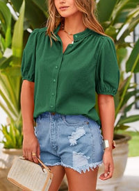 PRETTYGARDEN Women's Summer Tops Button Down Shirts Short Lantern Sleeve V Neck Cotton Cute Dressy Casual Blouses