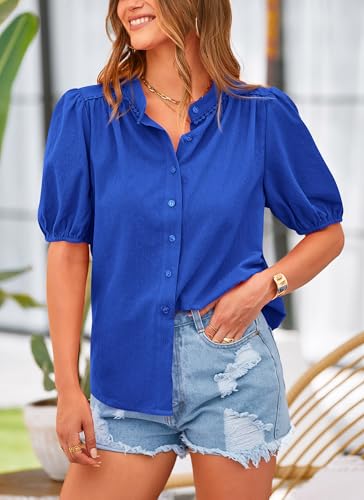 PRETTYGARDEN Women's Summer Tops Button Down Shirts Short Lantern Sleeve V Neck Cotton Cute Dressy Casual Blouses