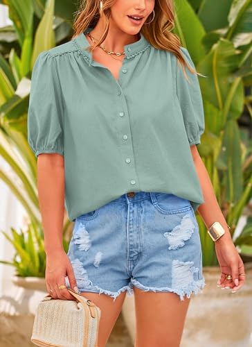 PRETTYGARDEN Women's Summer Tops Button Down Shirts Short Lantern Sleeve V Neck Cotton Cute Dressy Casual Blouses