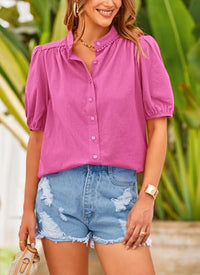 PRETTYGARDEN Women's Summer Tops Button Down Shirts Short Lantern Sleeve V Neck Cotton Cute Dressy Casual Blouses