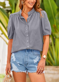 PRETTYGARDEN Women's Summer Tops Button Down Shirts Short Lantern Sleeve V Neck Cotton Cute Dressy Casual Blouses