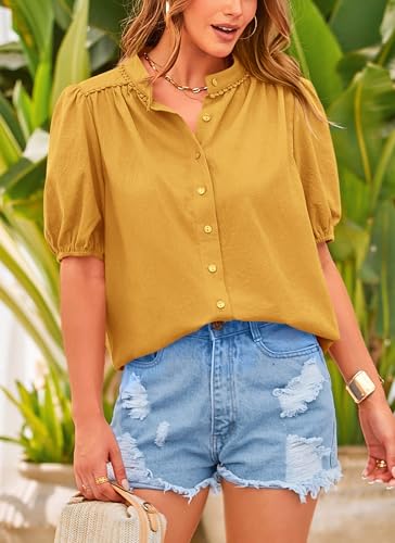 PRETTYGARDEN Women's Summer Tops Button Down Shirts Short Lantern Sleeve V Neck Cotton Cute Dressy Casual Blouses