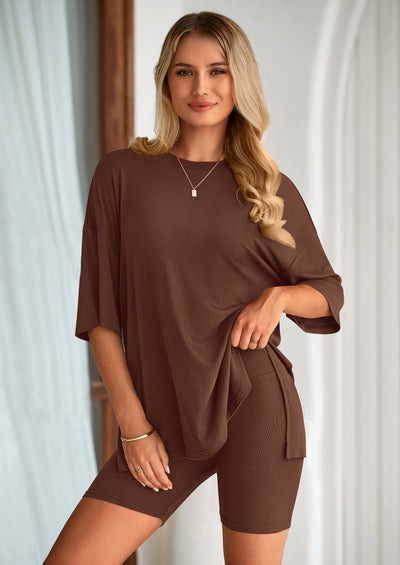 PRETTYGARDEN Women's Two Piece Lounge Set Summer Casual Oversized Shirts Biker Shorts Matching Airport Travel Outfit