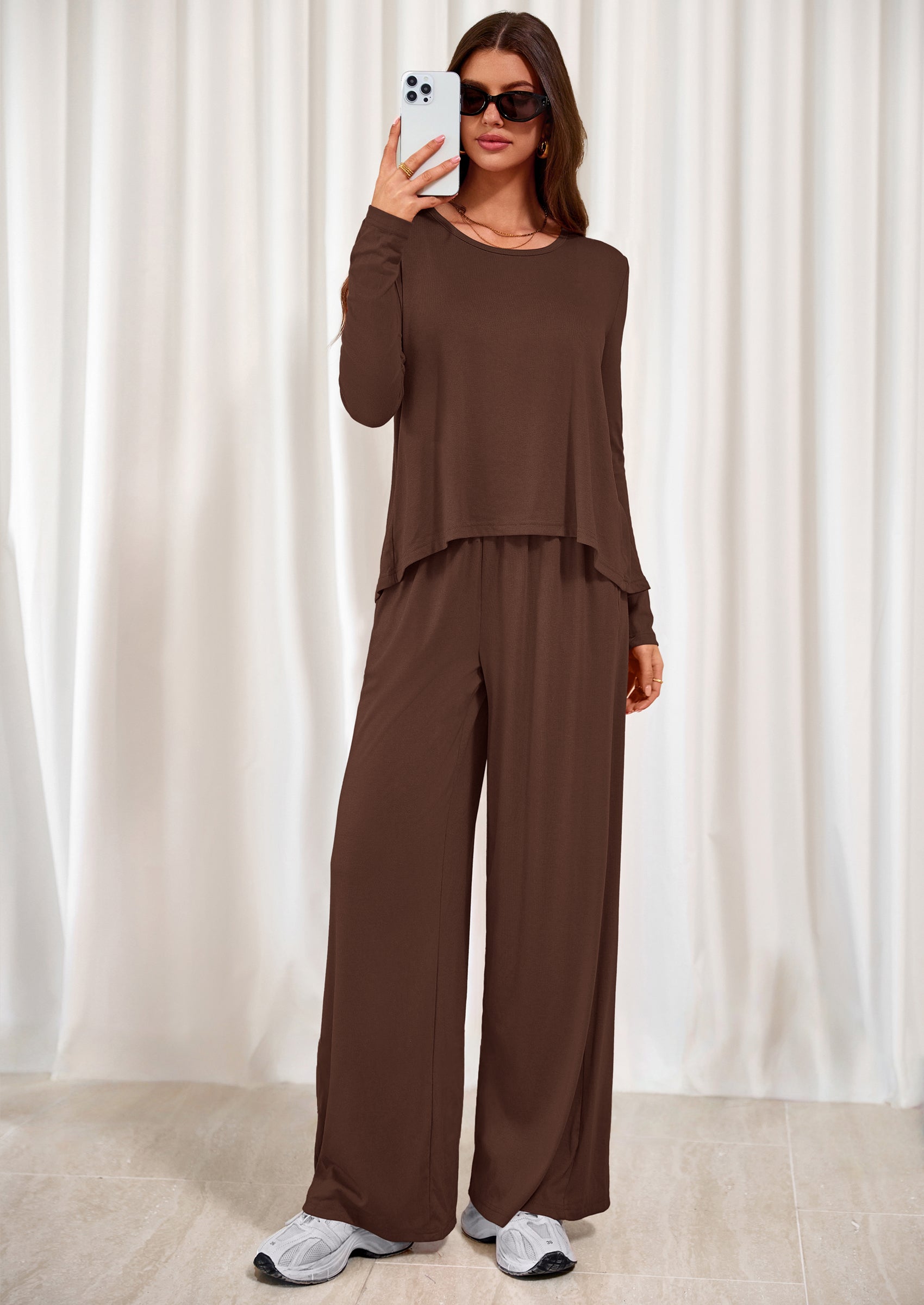 PRETTYGARDEN Women's 2 Piece Fall Sets  Casual Long Sleeve Shirts Wide Leg Pants Lounge Travel Outfits Fashion Clothing