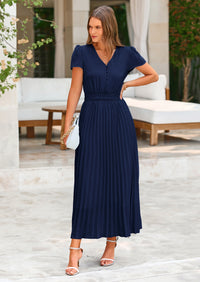 PRETTYGARDEN Women's Maxi Dresses Summer Trendy Cap Short Sleeve Button V Neck Casual Flowy Pleated Long Dress