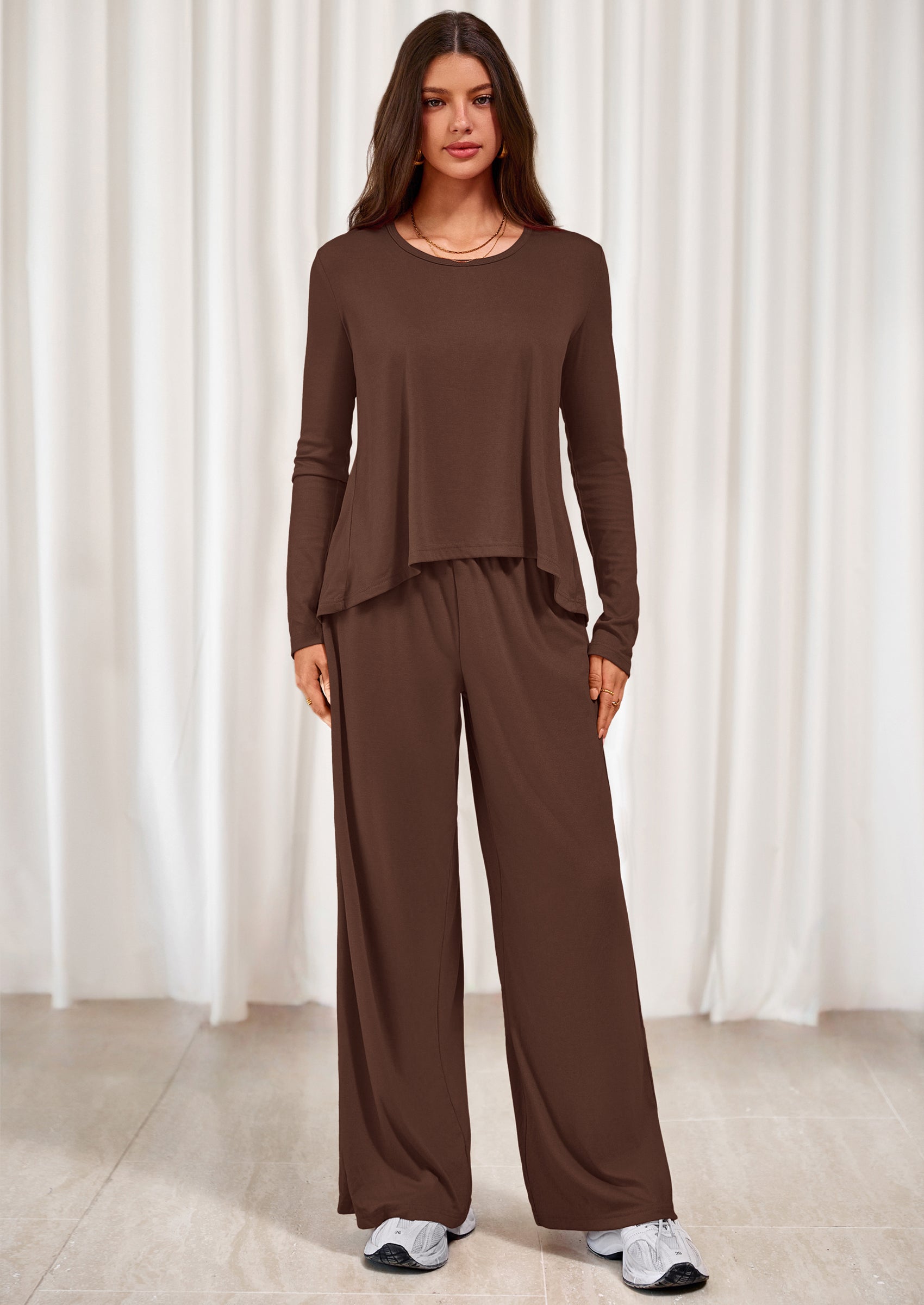 PRETTYGARDEN Women's 2 Piece Fall Sets  Casual Long Sleeve Shirts Wide Leg Pants Lounge Travel Outfits Fashion Clothing