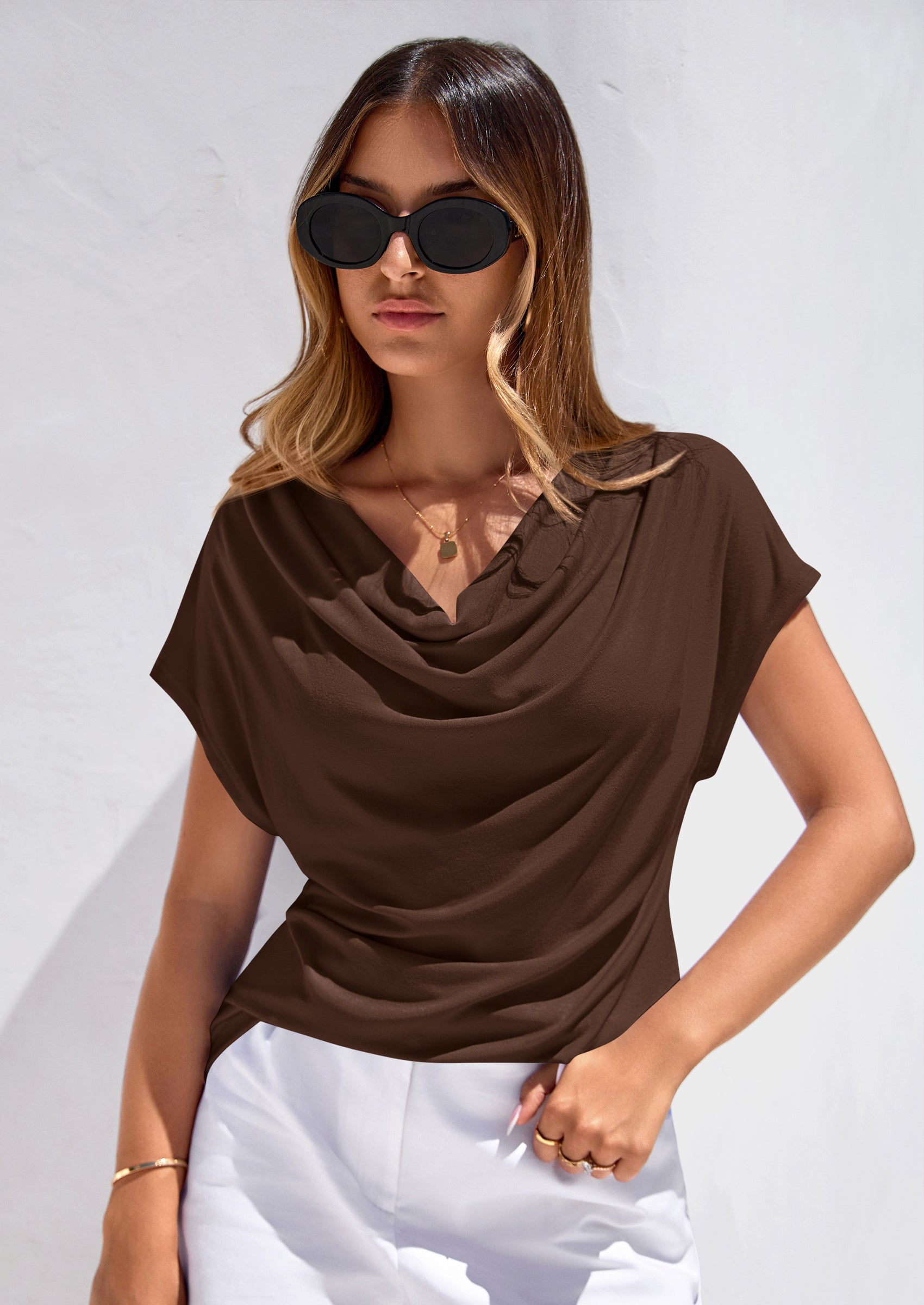 PRETTYGARDEN Blouses for Women Dressy Casual Summer Cowl Neck Short Sleeve Tops Spring Work Office Teacher Shirts PRETTYGARDEN
