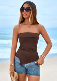 PRETTYGARDEN Tube Tops for Women Summer Strapless Asymmetrical Ruched Bandeau Shirts Trendy Spring Going Out Outfits PRETTYGARDEN