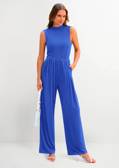 PRETTYGARDEN Womens Summer Jumpsuits Dressy Casual One Piece Outfits Sleeveless Mock Neck Wide Leg Pants Rompers with Pockets