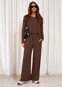 PRETTYGARDEN Women's 2 Piece Fall Sets  Casual Long Sleeve Shirts Wide Leg Pants Lounge Travel Outfits Fashion Clothing