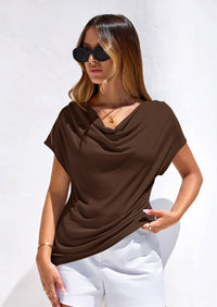 PRETTYGARDEN Blouses for Women Dressy Casual Summer Cowl Neck Short Sleeve Tops Spring Work Office Teacher Shirts PRETTYGARDEN
