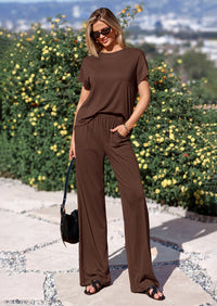 PRETTYGARDEN Women's Summer 2 Piece Matching Lounge Sets Short Sleeve Shirts Tops Wide Leg Pants Travel Airport Outfits