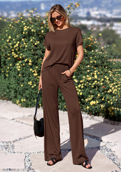 PRETTYGARDEN Women's Summer 2 Piece Matching Lounge Sets Short Sleeve Shirts Tops Wide Leg Pants Travel Airport Outfits