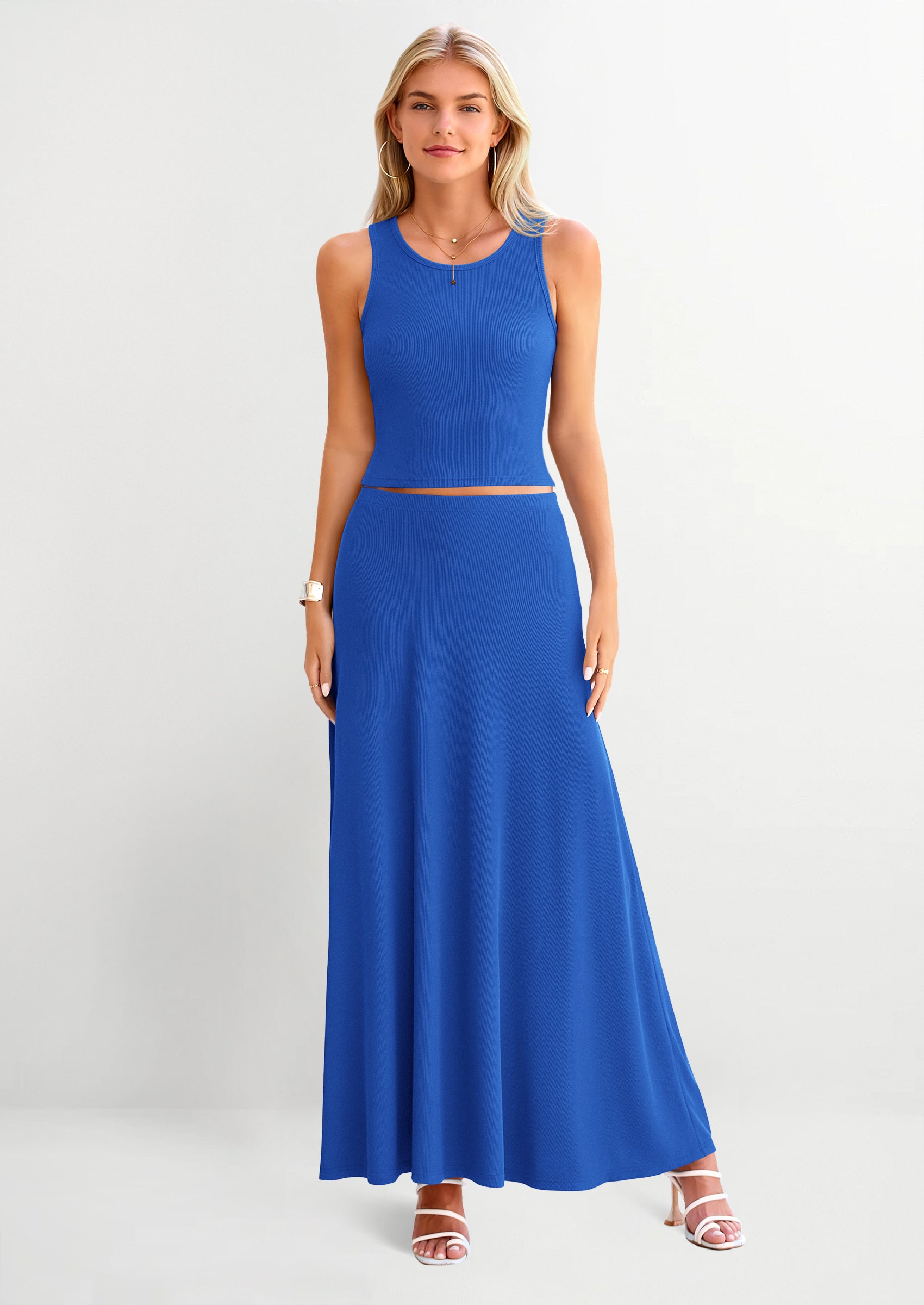 PRETTYGARDEN 2 Piece Maxi Skirt Sets Casual Knit Cropped Tank Top High Waisted Long Skirts Outfit