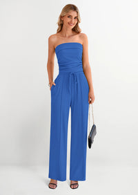 PRETTYGARDEN 2 Piece Sets Casual Ribbed Knit Crop Tube Top Wide Leg Pants Lounge Set