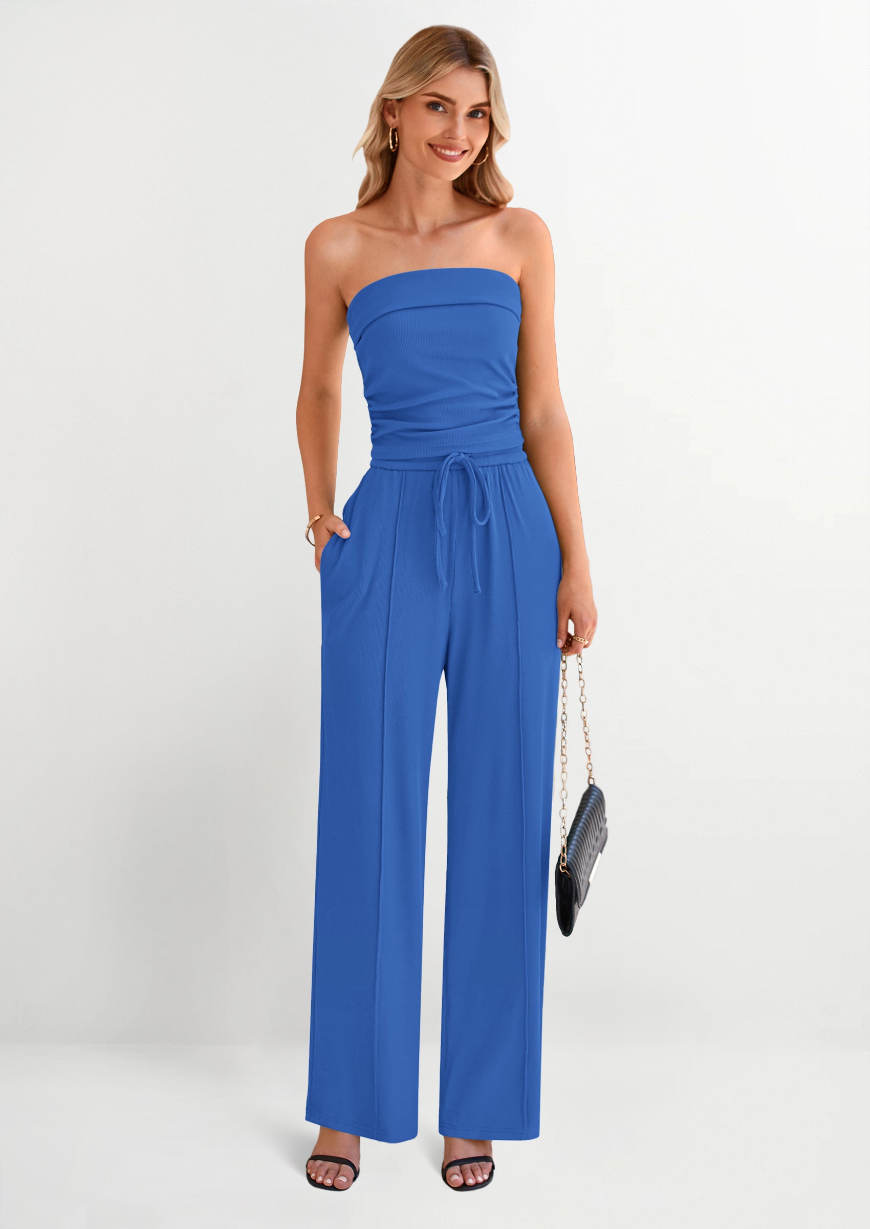 PRETTYGARDEN 2 Piece Sets Casual Ribbed Knit Crop Tube Top Wide Leg Pants Lounge Set