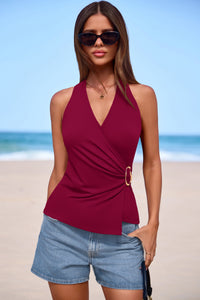 PRETTYGARDEN Womens Halter Top Spring Tie Wrap Sleeveless Ruched V Neck Fitted Summer Tops Backless Fashion Y2k Clothes PRETTYGARDEN